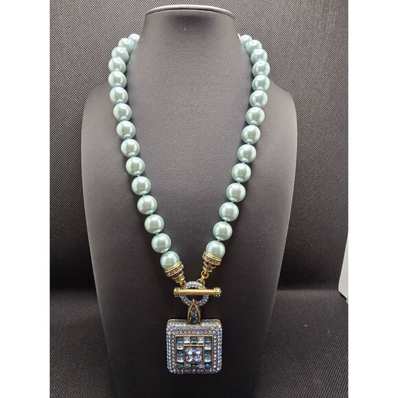 Heidi Daus Jewelry - Heidi Daus Pearl Necklace Rhinestone Square Pendant Pale Aqua Blue